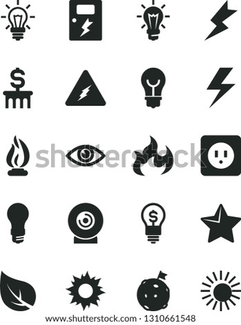 Solid Black Vector Icon Set - lightning vector, power socket type b, dangers, star, eye, bulb, lens, leaf, light, electricity, flame, flag on moon, dollar column, idea, sun