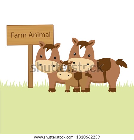 Happy Horses  family in field in cartoon style.