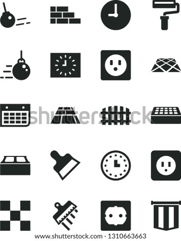 Solid Black Vector Icon Set - paint roller vector, brick wall, big core, power socket type b, f, tile, building block, putty knife, spatula, fence, paving slab, pavement, clock, calendar, watch