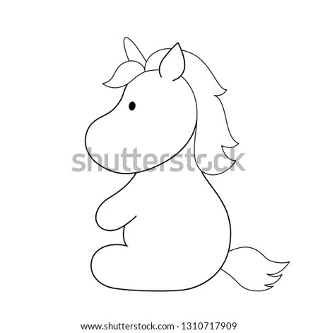 Cartoon cute little unicorn sketch, black outline on white background