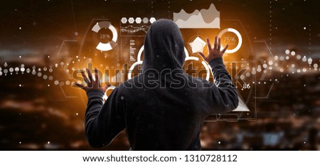 View of Hacker man holding Wifi icon with stats and binary code 3d rendering