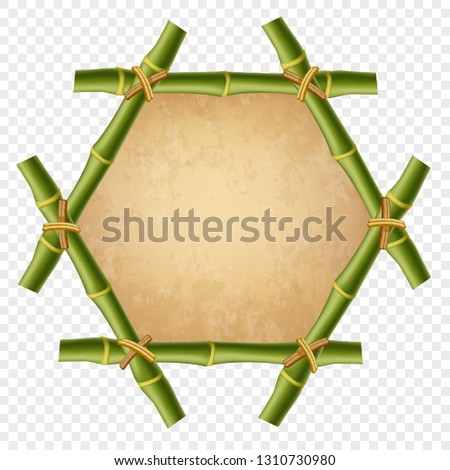 Vector hexagonal green bamboo stick border isolated on transparent background. Mockup template. Rope, old vintage paper, worn canvas. Abstract concept tropical signboard with copy space, clip art.