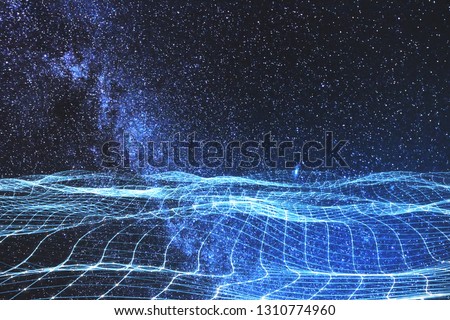 Glowing digital grid on abstract starry sky space wallpaper. Future and innovation concept. Double exposure 
