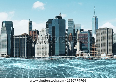 Abstract city background with grid on water and daylight. Future and innovation concept. Double exposure 