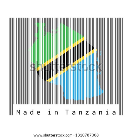 Barcode set the shape to Tanzania map outline and the color of Tanzania flag on dark grey barcode with white grey background, text: Made in Tanzania. concept of sale or business.