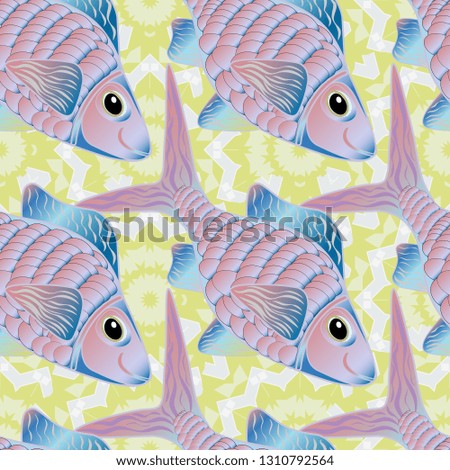 Classical tropical sea, wave, fishes, corals, fashion seamless pattern in blue, yellow and violet colors. Fashionable clothes. Embroidery sea life, sea, clown fish, tropical fishes seamless pattern.