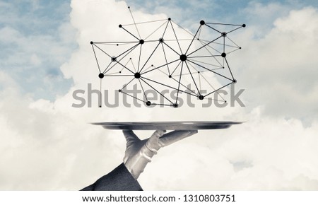 Cropped image of waitress's hand in white glove presenting black social media network structure on metal tray with cloudy skyscape on background. 3D rendering.