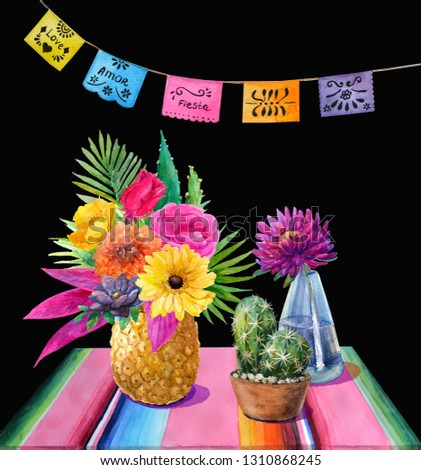 Watercolor mexican still life with tropical bouquet and pineapple,cactus with crock,blue glass vase with purple astra,tablecloth with stripes and colorful banner. 