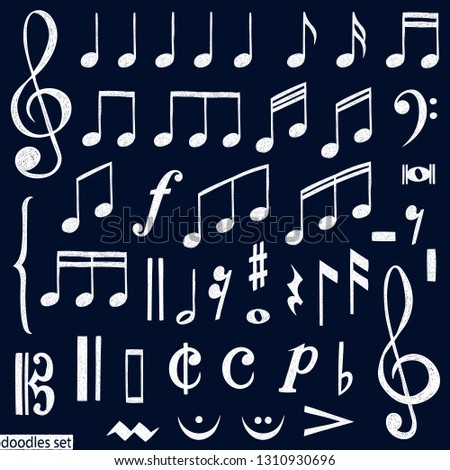 Music notes doodles set.  Treble clef. Hand drawn detailed sketch. G-clef. Scribbles collection. Piano. Organ. Symphony. Melody. Classic music.