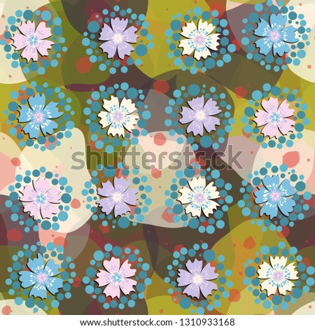 Seamless pattern. The foreground consists of stylized carnations.
The background consists of large translucent spots.