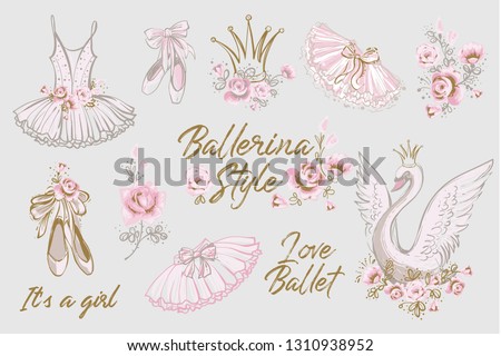 Cute ballet vector watercolor set. Hand drawn balerina dress, tutu skirt, shoes, swan, flowers, slogan, lettering sketch. Gold and pink vintage illustration white background. Baby girl fashion design Royalty-Free Stock Photo #1310938952