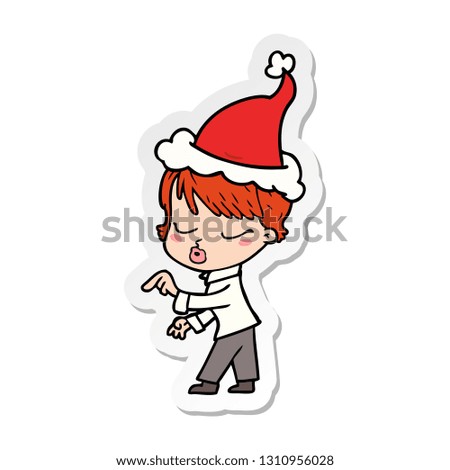 hand drawn sticker cartoon of a woman with eyes shut wearing santa hat
