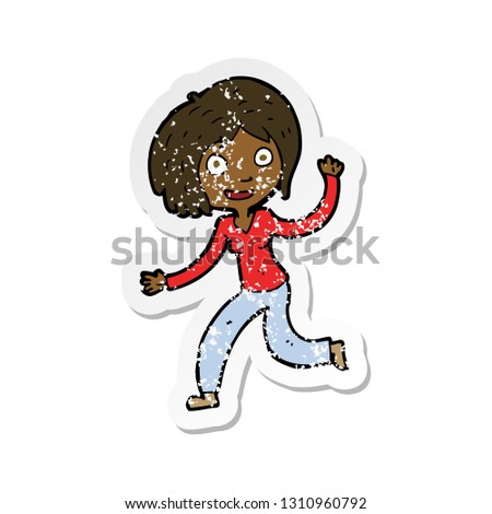 retro distressed sticker of a cartoon happy waving girl