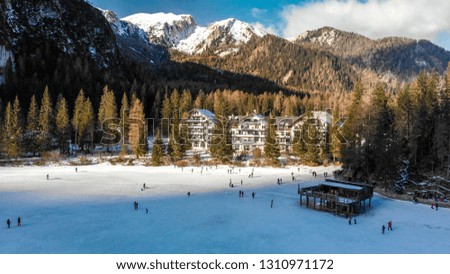 Lake of Braies in winter, aerial view - Italian Dolomites
