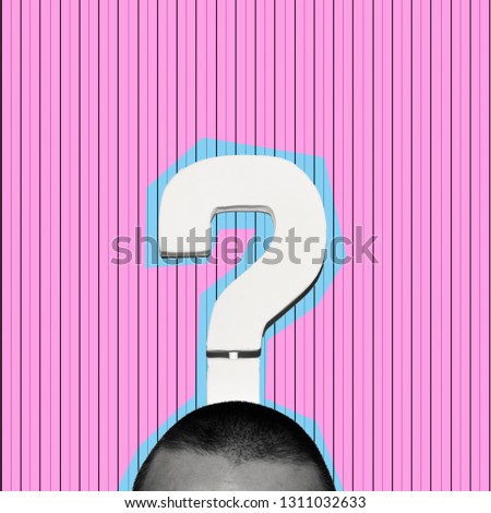a cutout of a man with a question mark on his head in black and white, on a pink background patterned with vertical lines, as a contemporary art collage with some blank space on top