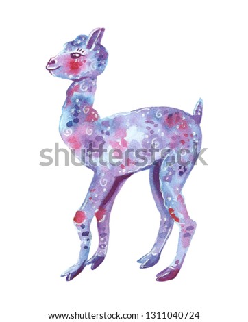 Blue dreamy cute alpaca, blue, purple and pink colors, hand drawn watercolor illustration