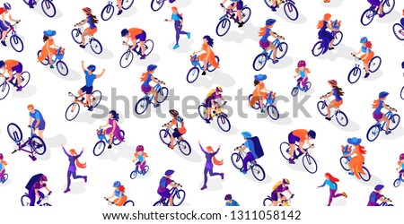 Vector seamless pattern. Cyclists und runners. A woman on a bicycle, a man on a bicycle, a child on a bicycle. People cycling and running. Running girls and women. Isometric 3d