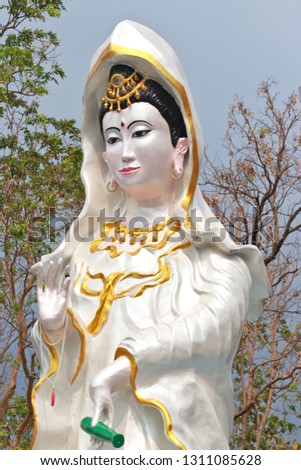 Guanyin statue with white body With the back as a tree as the background