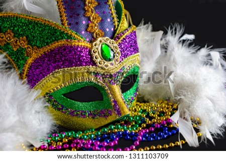 Jester mask with white boa and various colored beads.  Side view with a landscaped crop.  Black background.