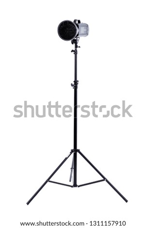 Studio strobe on white background. Lighting studio equipment for shooting movie and photography. Photo business concept.
