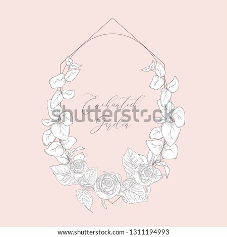 Hand Drawn Floristic Feminine Brand Logo Template, Geometric Frame with Delicate Rose Flowers, Branches, Plants. Decorative Outlined Vector Illustration. Floral Design Element.