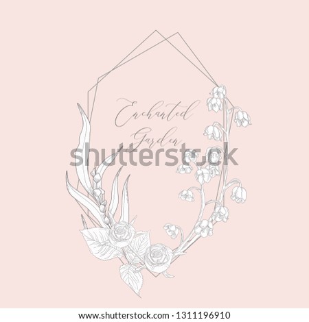 Hand Drawn Floristic Feminine Brand Logo Template, Geometric Frame with Delicate Lily of the Valley Flowers, Branches, Plants. Decorative Outlined Vector Illustration. Floral Design Element.