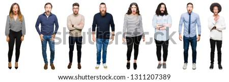 Collage of people over white isolated background afraid and shocked with surprise expression, fear and excited face.