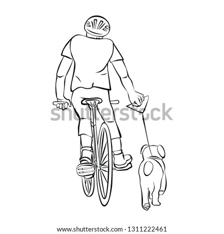 Young man in a helmet riding a bicycle with his pet - a small dog.  Spring, summer and autumn outdoor activity. Simple black contour vector isolated on white background