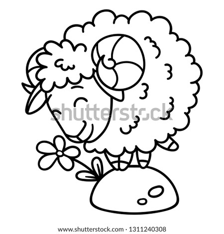 Sheep with a flower. Isolated objects on white background. Coloring pages. Black and white illustration.