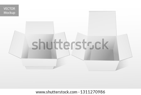 3D effect open paper boxes. White top view empty containers isolated on white. Realistic Vector illustration