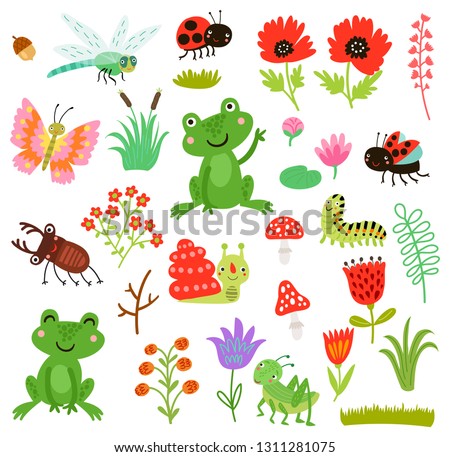 Cute characters set. Vector collection. Frogs and insects