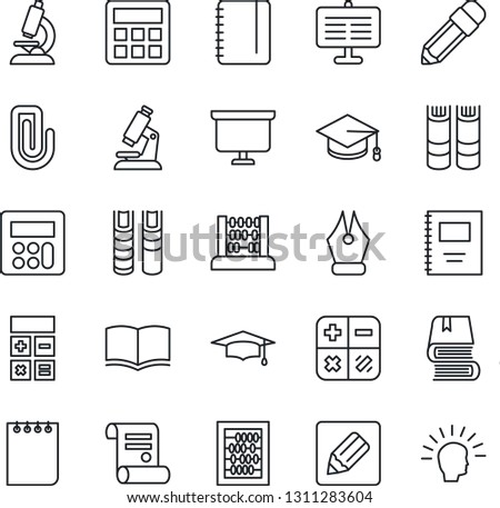 Thin Line Icon Set - book vector, calculator, graduate, abacus, notepad, presentation board, contract, microscope, notes, copybook, paper clip, ink pen, pencil, shining head