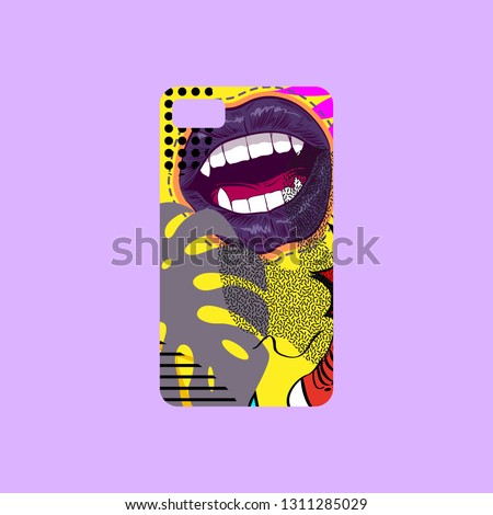 Case on the phone with bright picture, fashionable colors. Comics book style. Pop art design template phone cover. Hand drawn vector illustration. 