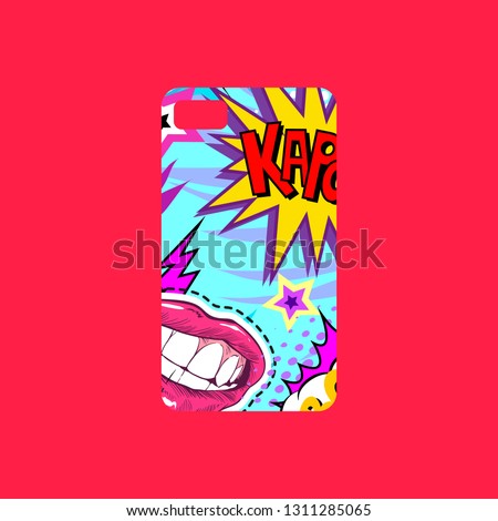 Case on the phone with bright picture, fashionable colors. Comics book style. Pop art design template phone cover. Hand drawn vector illustration. 