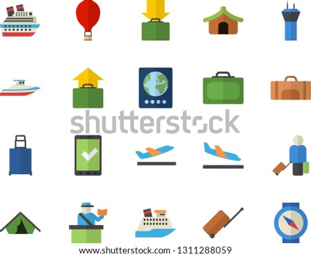 Color flat icon set sport bag flat vector, airport tower fector, balloon, luggage, suitcase, passport control, check in, tent, arrival, departure, get, hand, cruise ship, yacht, compass