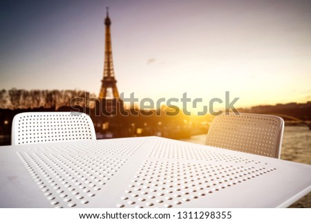White table background of free space and Paris city landscape
