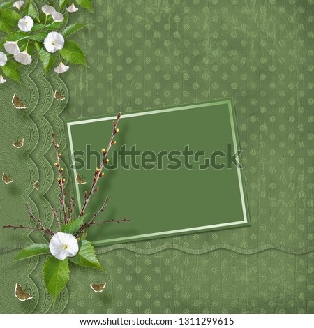 Beautiful delicate bouquet of bindweed and flowering branches with ribbons, butterflies and bows in  style of scrapbook for invitations or greetings