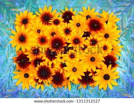 Floral composition background. Black-eyed Susan or Rudbeckia hirta plant, brown betty, gloriosa daisy, golden Jerusalem.