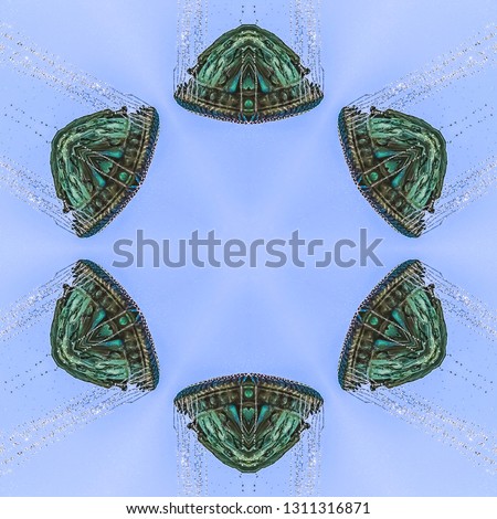 Water dripping from the edge of copper fountain. Geometric kaleidoscope pattern on mirrored axis of symmetry reflection. Colorful shapes as a wallpaper for advertising background or backdrop.
