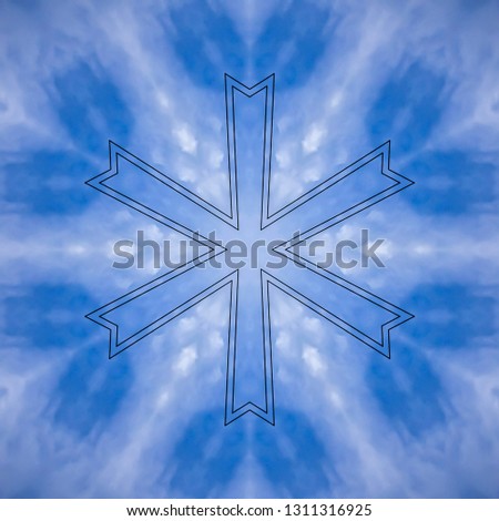 A snowflake looking shape made from mirrored images. Geometric kaleidoscope pattern on mirrored axis of symmetry reflection. Colorful shapes as a wallpaper for advertising background or backdrop.