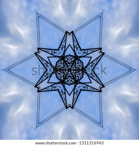 Six sided star made from metal bars. Geometric kaleidoscope pattern on mirrored axis of symmetry reflection. Colorful shapes as a wallpaper for advertising background or backdrop.
