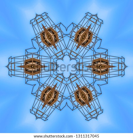 Metallic shapes made from industrial photography. Geometric kaleidoscope pattern on mirrored axis of symmetry reflection. Colorful shapes as a wallpaper for advertising background or backdrop.