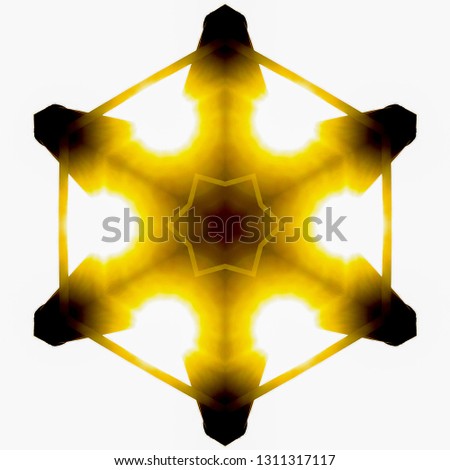 Hexagon star shape with light leaks and dark tips. Geometric kaleidoscope pattern on mirrored axis of symmetry reflection. Colorful shapes as a wallpaper for advertising background or backdrop.