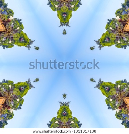 Grid with six sides of homes and foliage. Geometric kaleidoscope pattern on mirrored axis of symmetry reflection. Colorful shapes as a wallpaper for advertising background or backdrop.