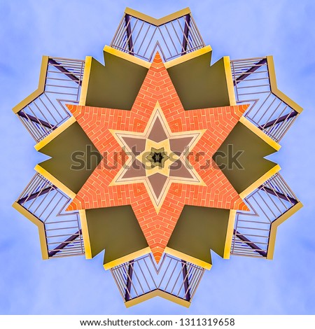 Balcony with rails of apartment made into fractal. Geometric kaleidoscope pattern on mirrored axis of symmetry reflection. Colorful shapes as a wallpaper for advertising background or backdrop.