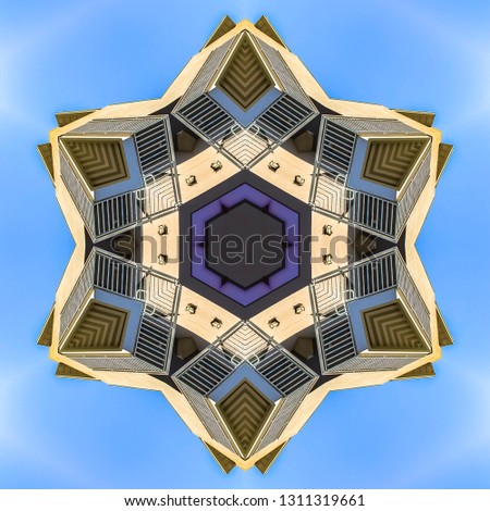 Balcony photo made into abstract design shape. Geometric kaleidoscope pattern on mirrored axis of symmetry reflection. Colorful shapes as a wallpaper for advertising background or backdrop.