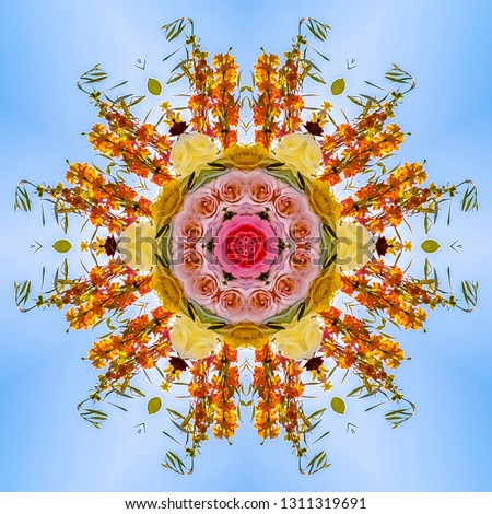 Flowers reflected radially into an abstract design. Geometric kaleidoscope pattern on mirrored axis of symmetry reflection. Colorful shapes as a wallpaper for advertising background or backdrop.