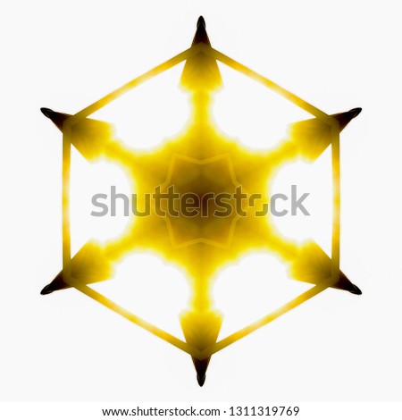 Dark star shape with golden light leaks. Geometric kaleidoscope pattern on mirrored axis of symmetry reflection. Colorful shapes as a wallpaper for advertising background or backdrop.