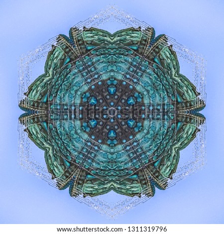Copper fountain shape against the sky with water. Geometric kaleidoscope pattern on mirrored axis of symmetry reflection. Colorful shapes as a wallpaper for advertising background or backdrop.