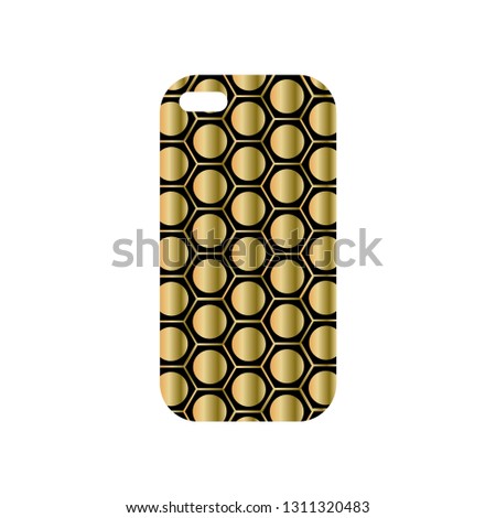 Modern phone cover with fashionable geometric ornament isolated on a white. Iphone black phone case with yellow circles in hexagons. Phone case template
